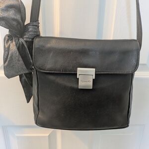 Tignanello Black Leather Shoulder Bag with Silver-Tone Lock And Matching Scarf